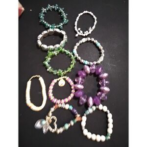 Mixed Lot 10 Stretch Beaded Bracelets Crystal Pearl Boho Charm Stackable (47)